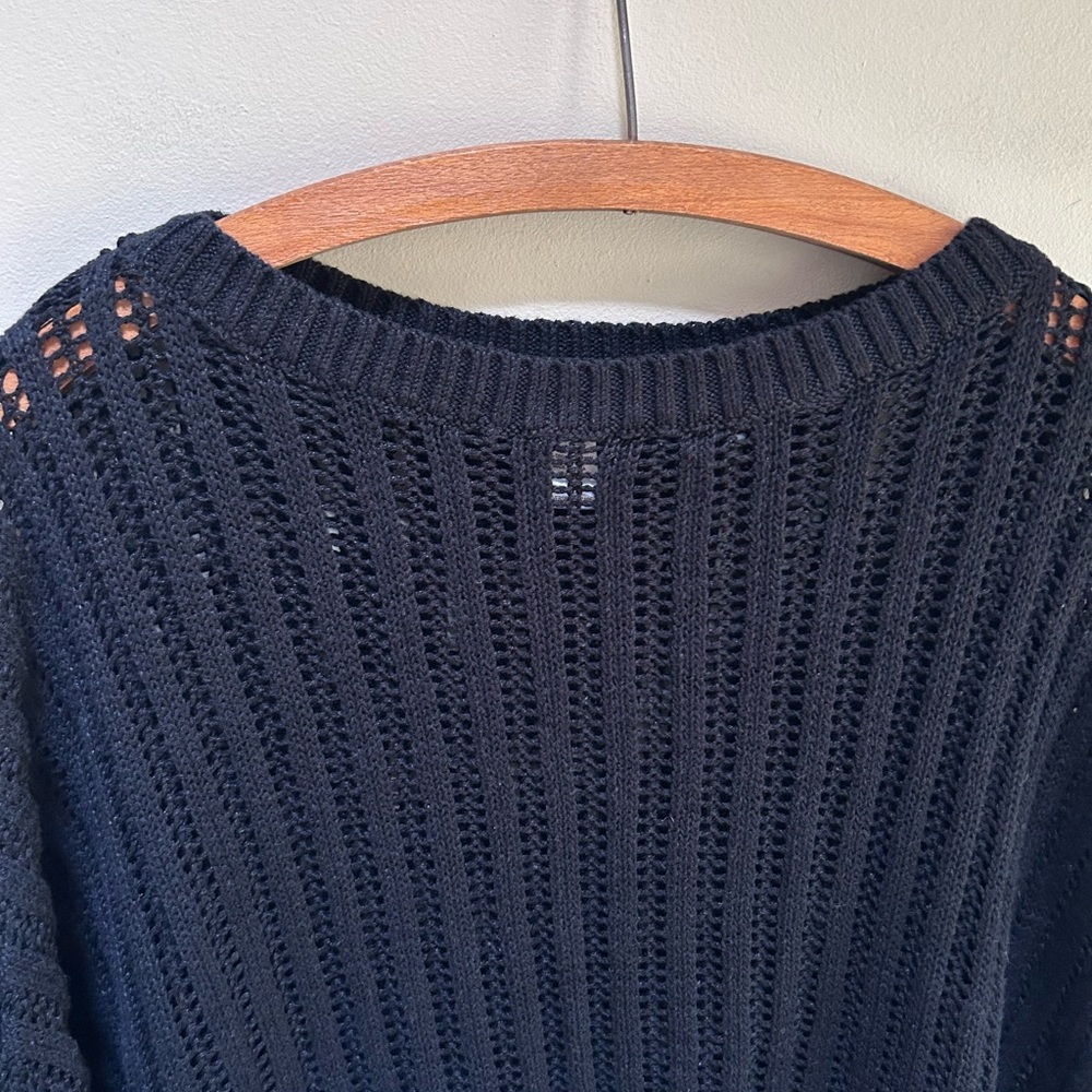 Garnet Hill ~ Black Linen & Organic Cotton Crochet Open Weave Poncho in OS - Picture 4 of 14